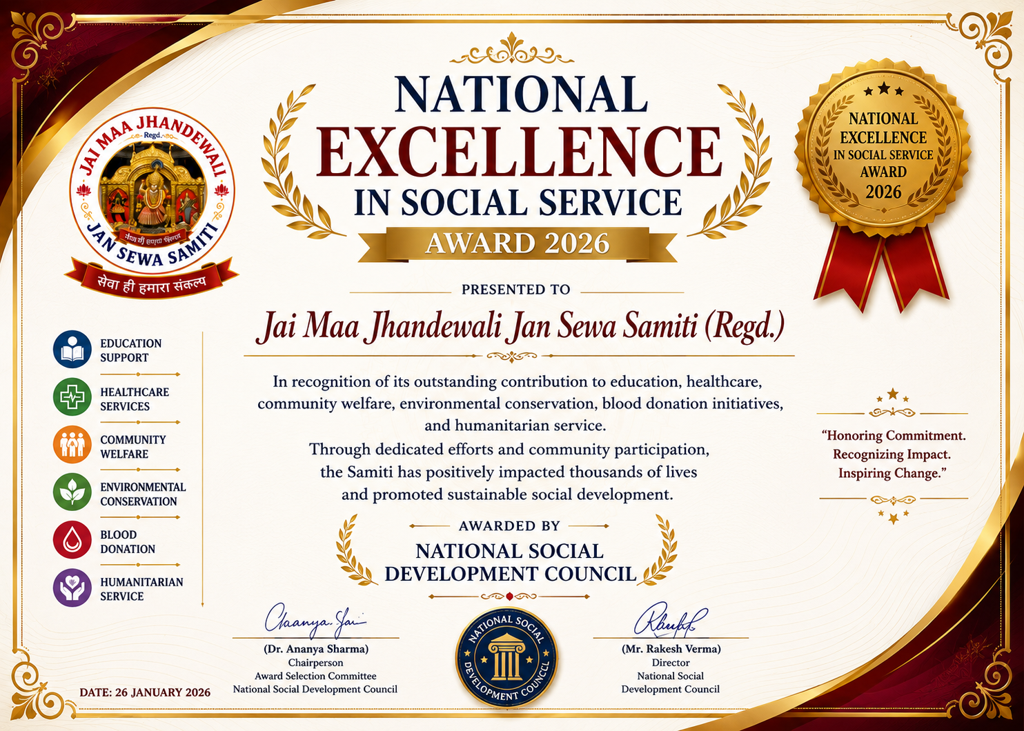 National Excellence in Social Service Award 2026